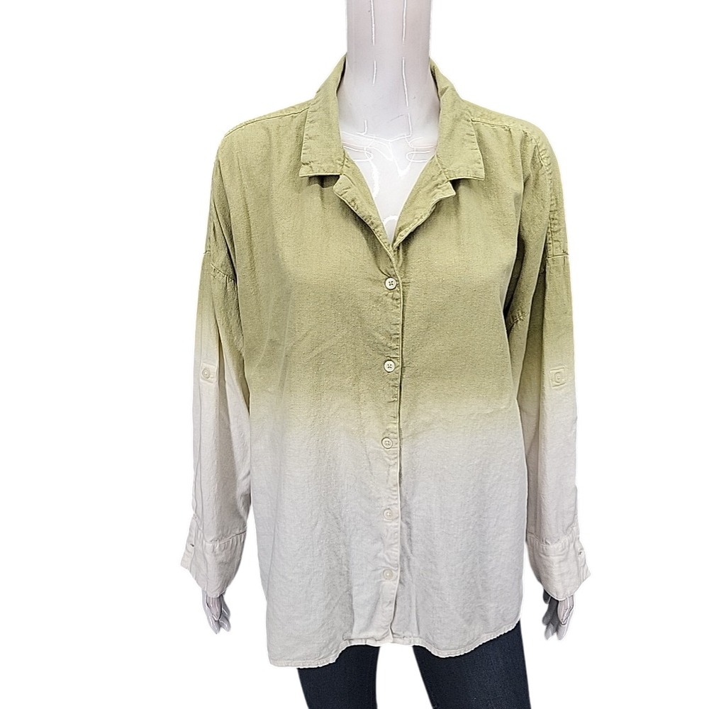J Jason Wu Women's Olive Dip Dye Linen Button Front Shirt Top Plus Size 2X